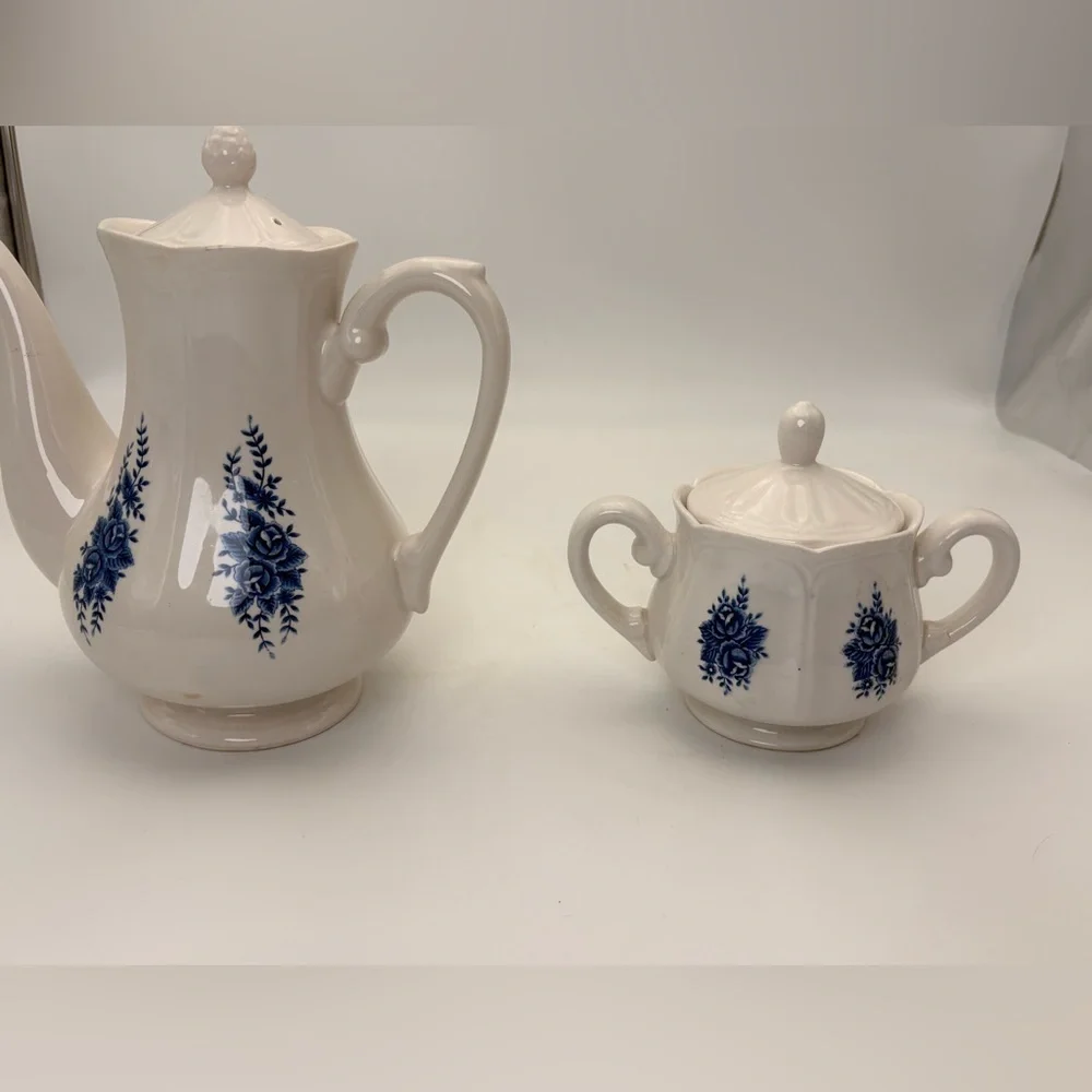 Vintage Mayhill Federalist Ironstone Teapot and Sugar Bowl Set - Blue and White